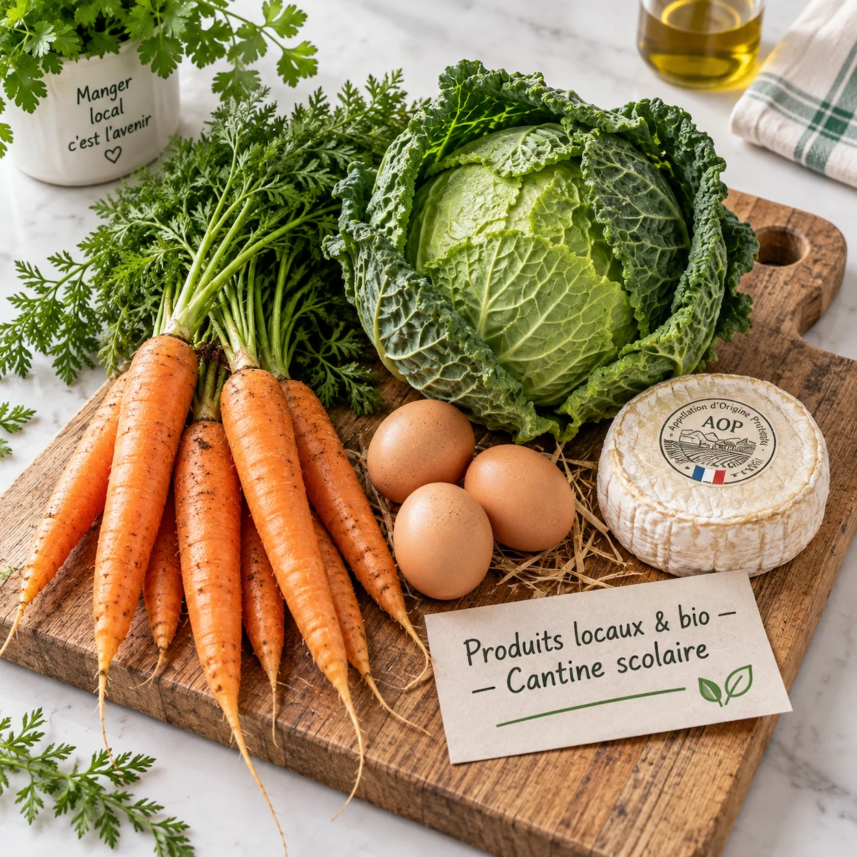Plateau de produits frais locaux et bio sur une planche en bois : carottes, chou, œufs fermiers, fromage AOP et étiquette produits locaux bio cantine scolaire