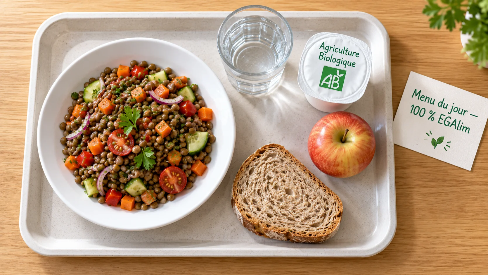 Plateau repas cantine scolaire vu du dessus avec salade de lentilles, pain complet, yaourt bio Agriculture Biologique, pomme de saison et verre d'eau sur table en bois, carte Menu du jour 100% EGAlim