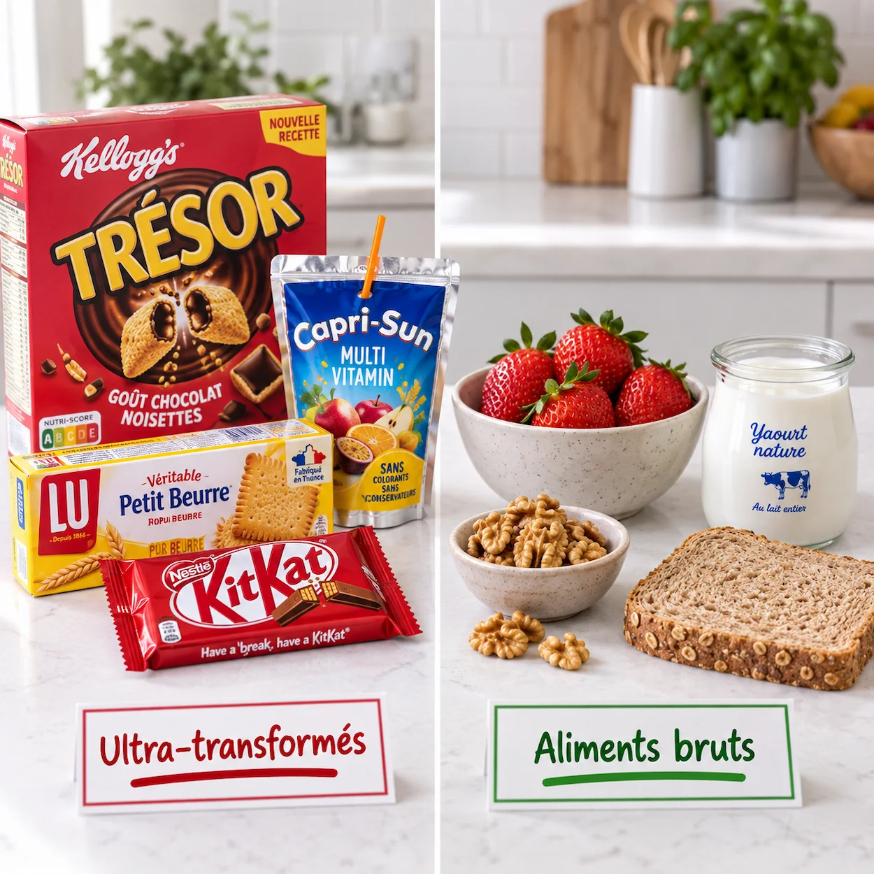 Comparaison sur plan de travail cuisine : à gauche snacks ultra-transformés (boîte de céréales colorée, biscuits, barre chocolatée, gourde aromatisée), étiquette rouge Ultra-transformés ; à droite aliments bruts (fraises, yaourt nature, noix, pain complet), étiquette verte Aliments bruts