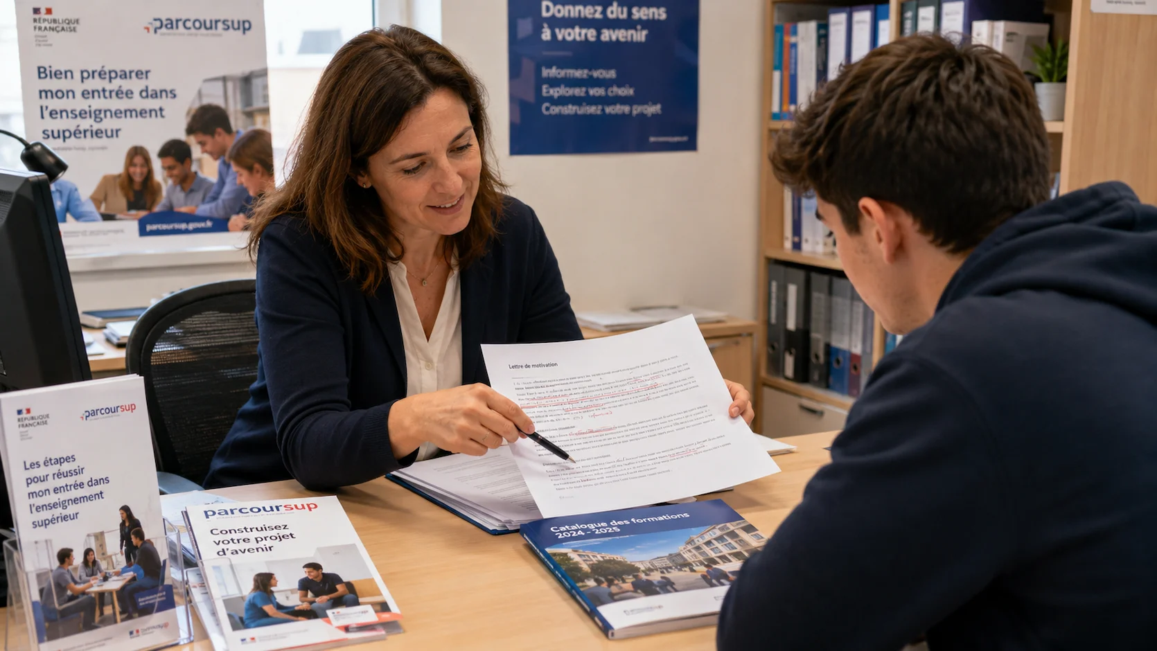 Conseillère d'orientation scolaire et lycéen de Terminale révisant ensemble un projet de formation motivé Parcoursup imprimé avec corrections en rouge sur un bureau