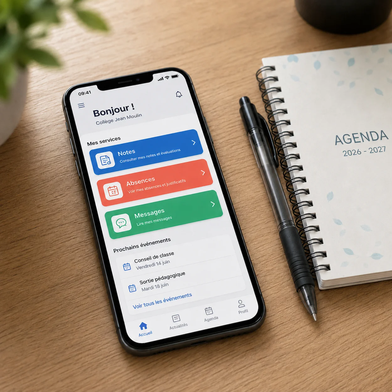 Smartphone affichant l'interface Pronote parent avec notes, absences et messages