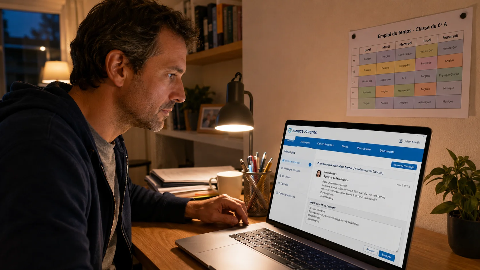 Père consultant le portail Pronote parent sur son ordinateur à la maison