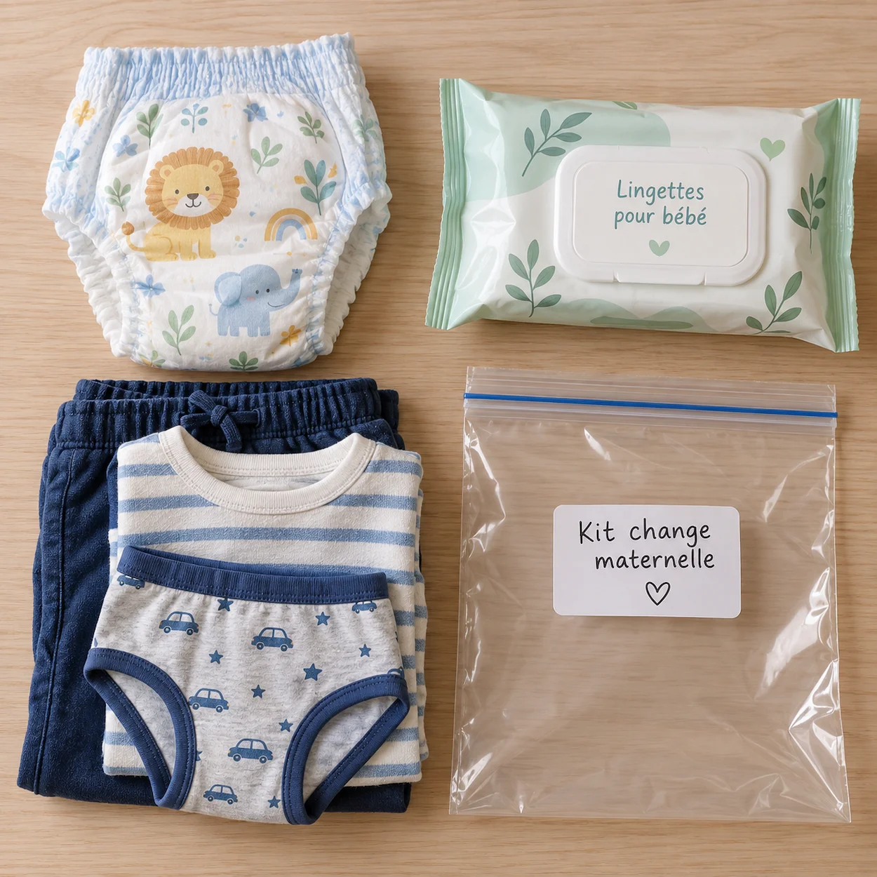 Kit change maternelle avec couche-culotte pull-up, lingettes, vetements de rechange et sac zip etiquete