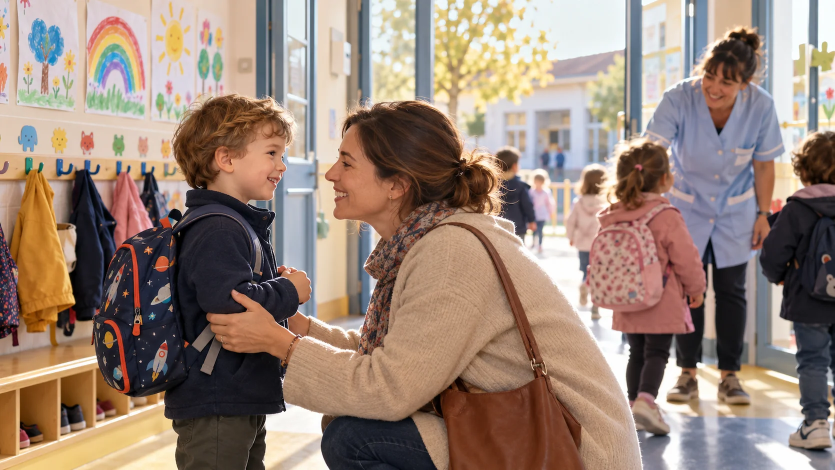 Maman et enfant de 3 ans devant l'entree de l'ecole maternelle le matin, conversation rassurante avant la classe