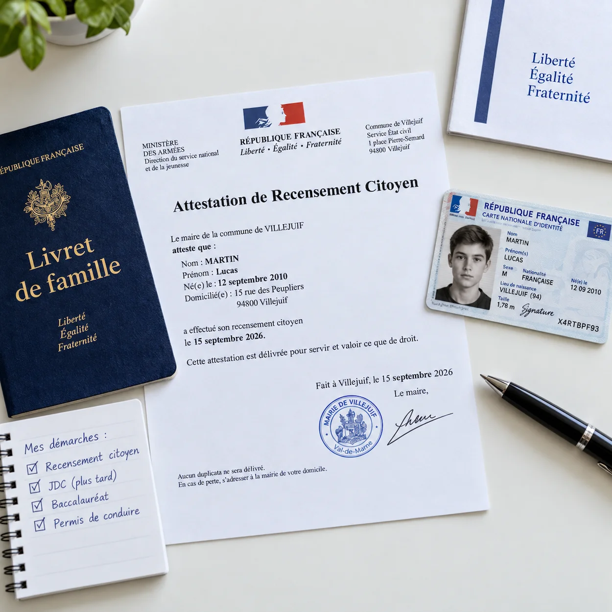 Flat-lay d'une attestation de recensement citoyen République Française, carte nationale d'identité, livret de famille et stylo sur bureau blanc