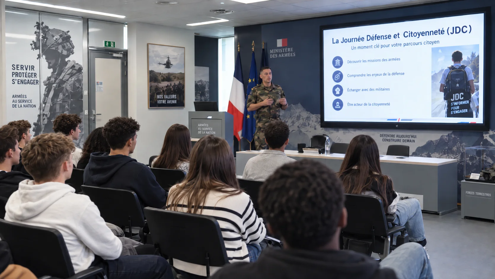 Groupe de jeunes Français de 17-18 ans en tenue civile, assis dans une salle moderne d'une base militaire pendant la Journée Défense et Citoyenneté JDC, officier en uniforme au tableau devant eux