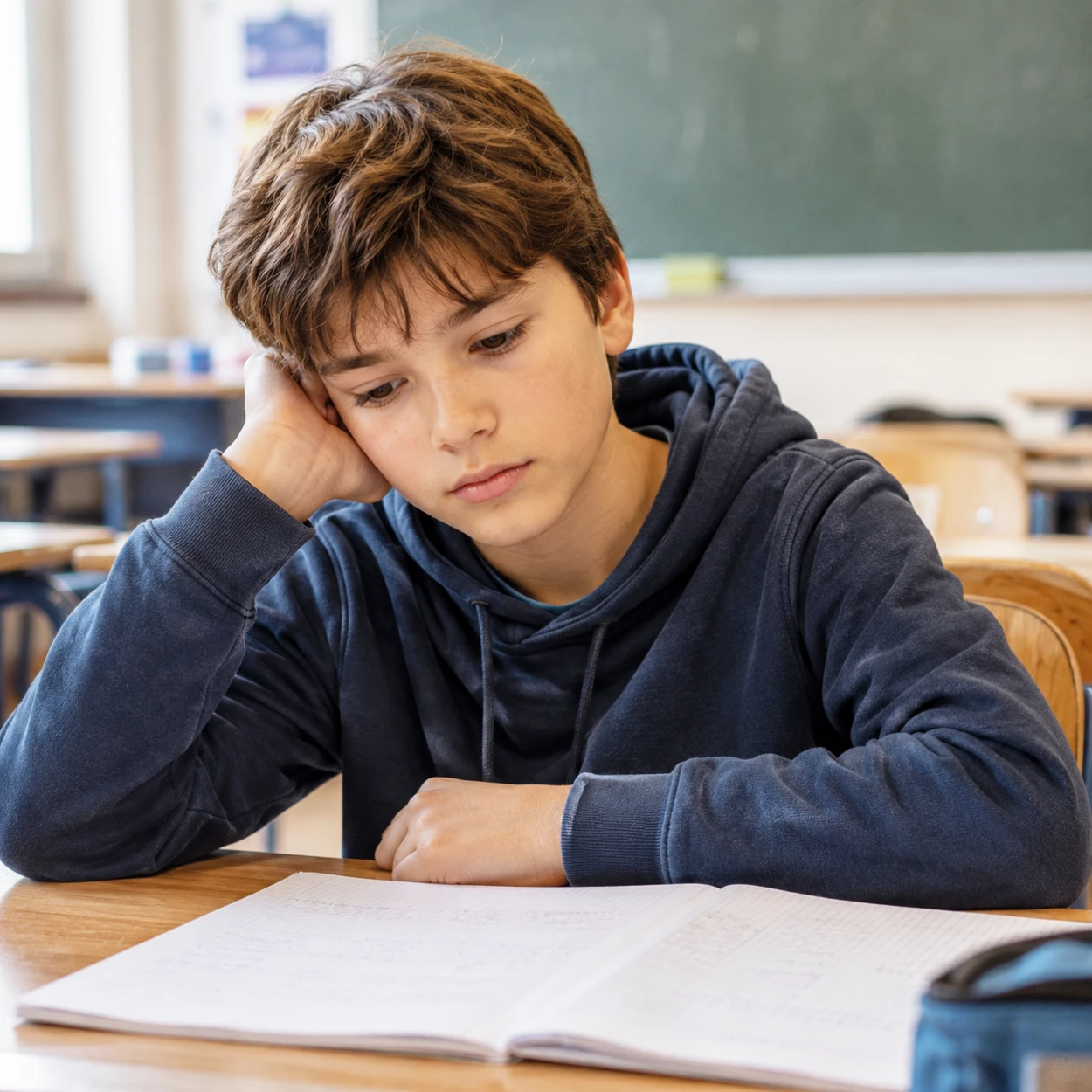 Enfant pensif devant ses cahiers scolaires, illustrant le moment difficile du redoublement