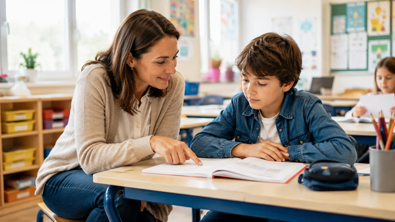 Enseignant accompagnant un élève en difficulté avec un suivi individualisé PPRE