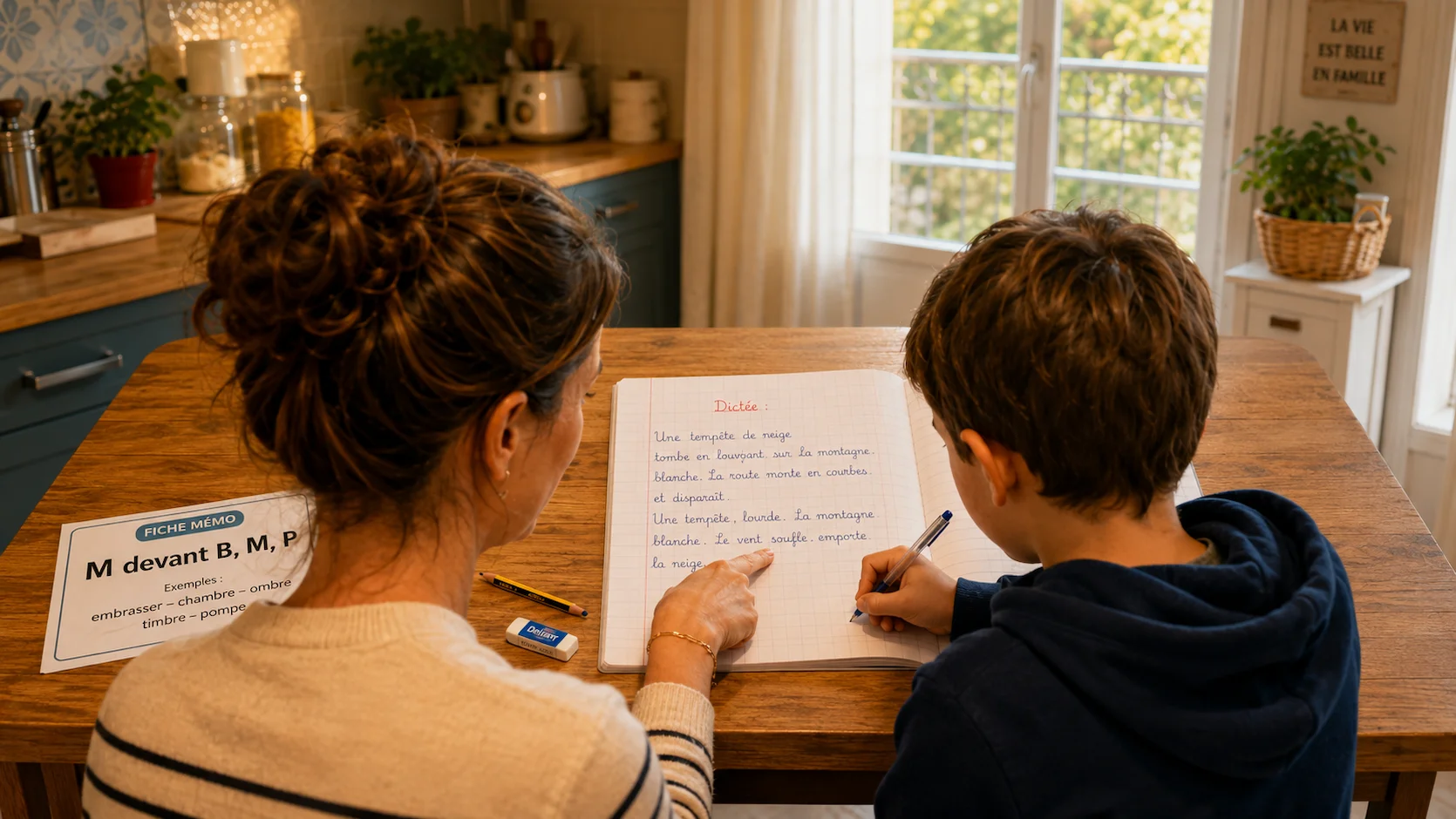 Mère aidant son fils de 7 ans à travailler un exercice d'orthographe avec une fiche mémo règle du M visible sur la table