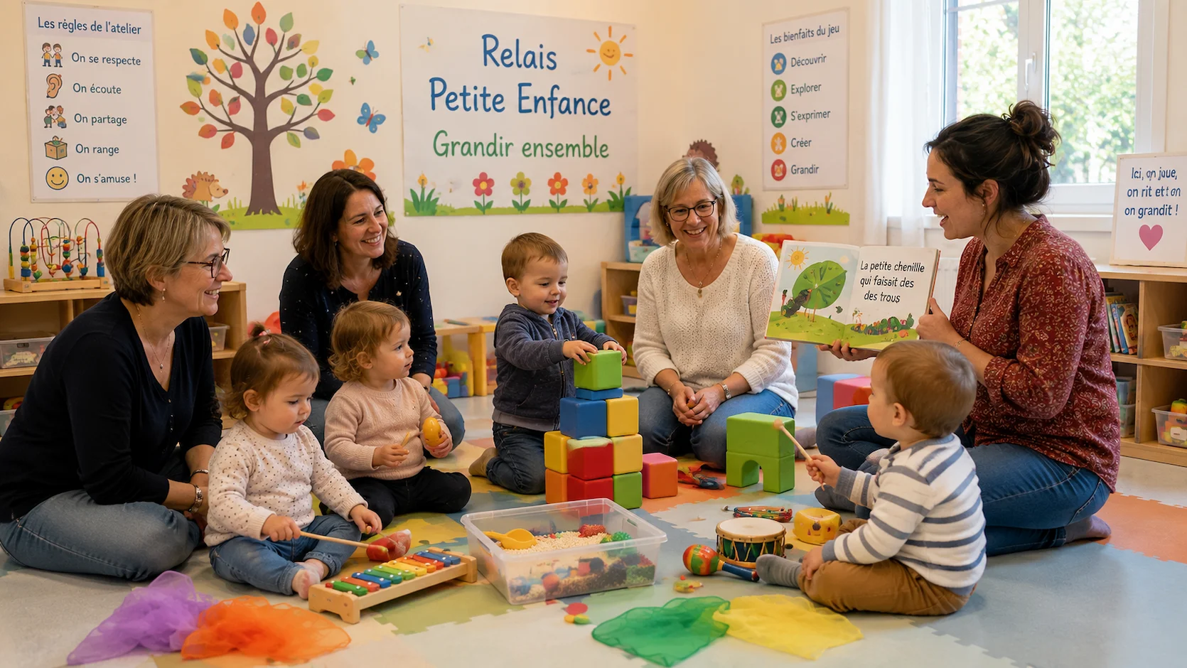 Atelier d'éveil organisé par un Relais Petite Enfance dans une salle communautaire décorée de peintures colorées : trois assistantes maternelles surveillent quatre bambins de 12 à 30 mois qui jouent avec des cubes en mousse, des instruments de musique et des matériaux sensoriels sur un tapis de jeu propre pendant que l'animatrice RPE lit un grand livre illustré en français