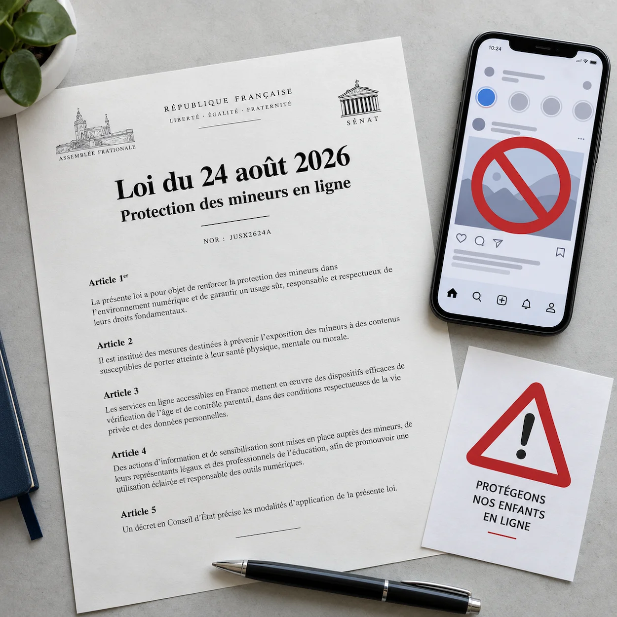 Flat-lay d'un document générique 'Loi du 24 août 2026 - Protection des mineurs en ligne' en français, avec smartphone face cachée affichant un symbole interdit, panneau d'avertissement rouge et stylo