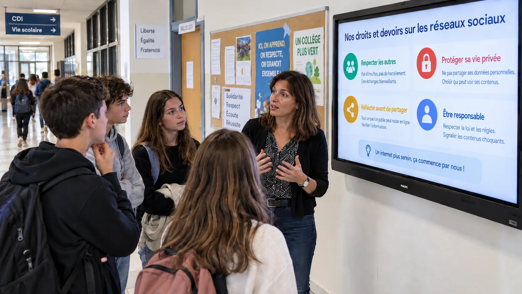 Couloir de collège français avec des élèves de 13-14 ans devant un écran numérique affichant 'Nos droits et devoirs sur les réseaux sociaux' en français, enseignant animant la discussion