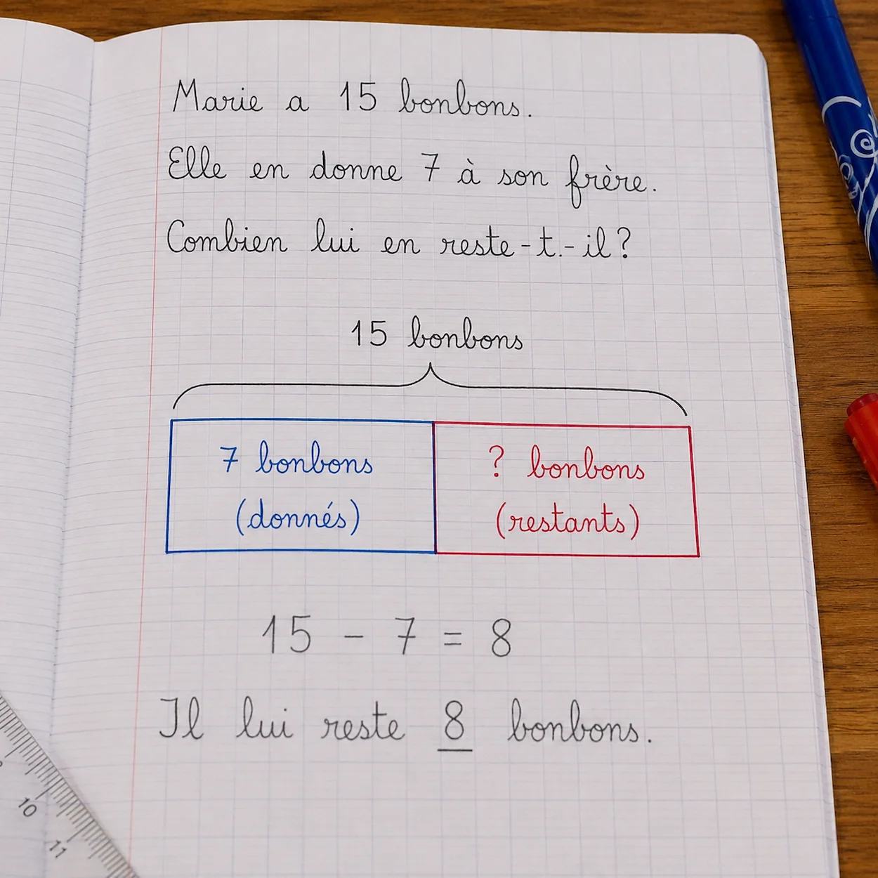 Brouillon d un enfant montrant un schéma en barres pour un problème de maths en français avec deux rectangles parties et total annoté avec les nombres et l opération 15 moins 7 égale 8