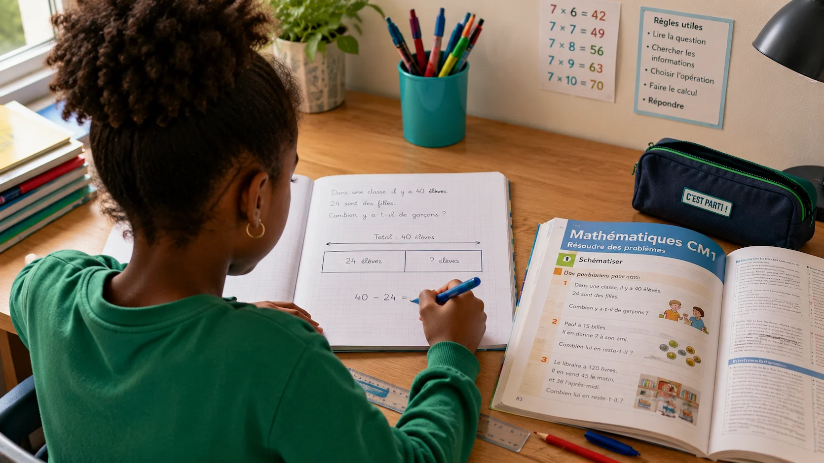 Garçon de CM1 à son bureau dessinant un schéma en barres dans son cahier de maths avec un manuel Mathématiques CM1 ouvert et une règle et stylo bleu posés sur la table