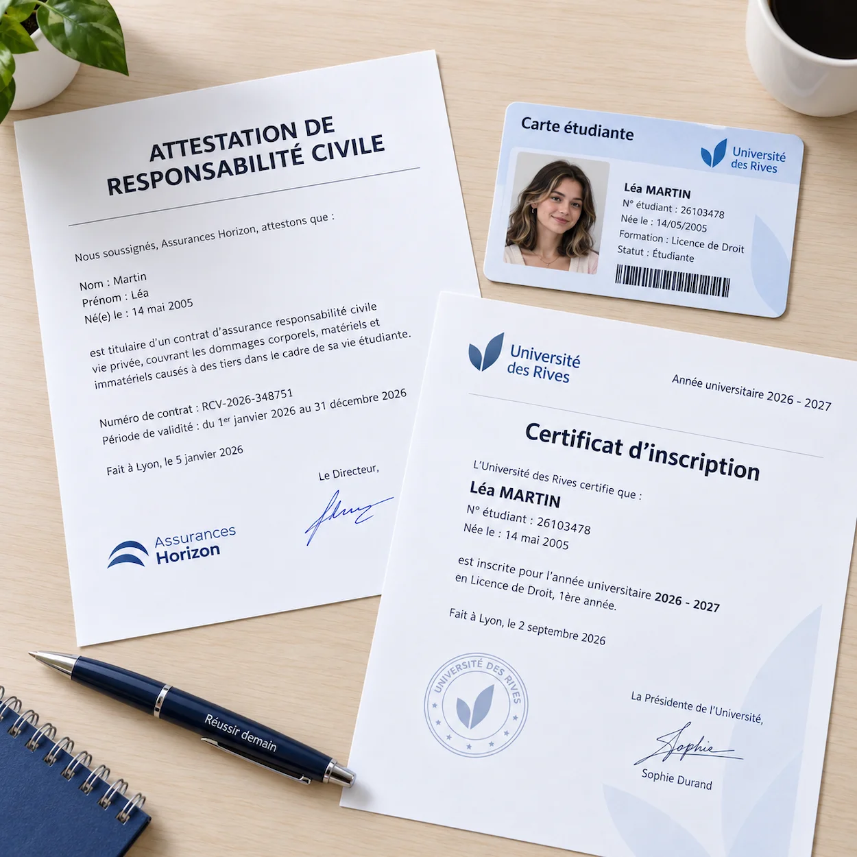 Flat-lay attestation de responsabilité civile imprimée avec nom d'un étudiant, carte étudiant, certificat d'inscription universitaire et stylo sur bureau clair