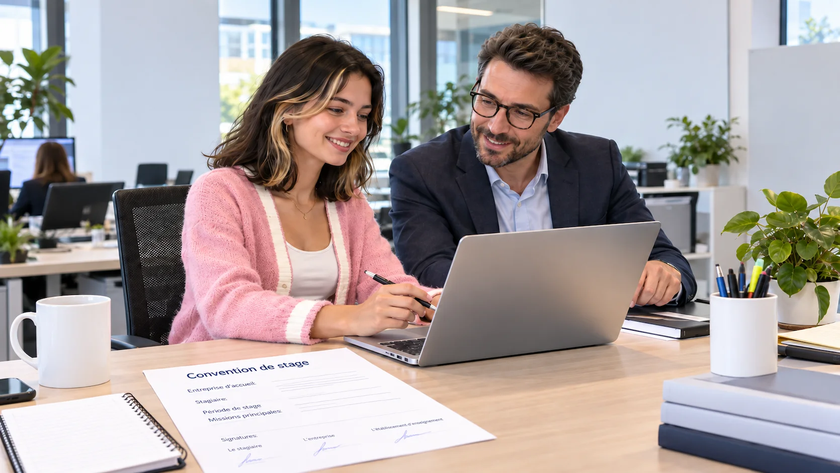 Étudiante française en stage dans un bureau professionnel, assise à un bureau avec ordinateur, convention de stage visible sur le bureau, collègue à côté