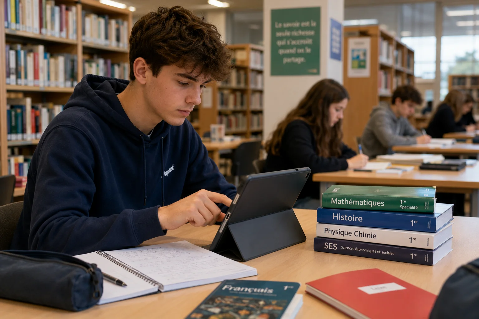 Un lycéen utilise une tablette dans une bibliothèque scolaire pour accéder à des ressources pédagogiques en ligne, entouré de manuels scolaires