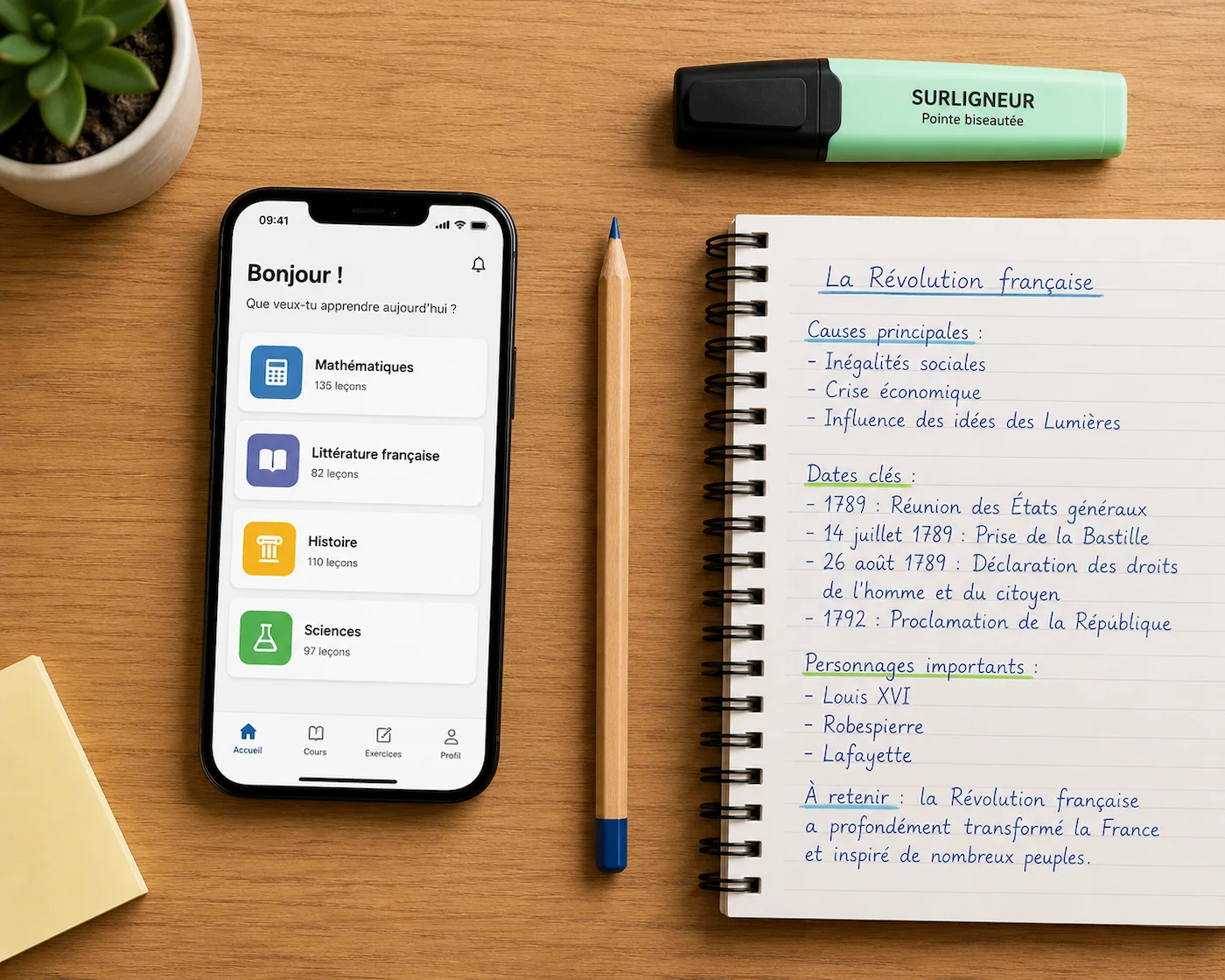 Vue du dessus d'un bureau avec un smartphone affichant une application éducative française avec des icônes de matières scolaires, un cahier et des stylos