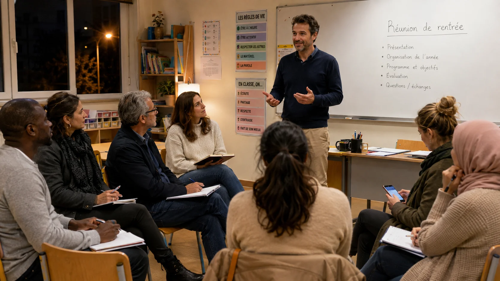 Groupe de parents assis face à un enseignant lors d'une réunion de rentrée dans une salle de classe le soir, certains prennent des notes
