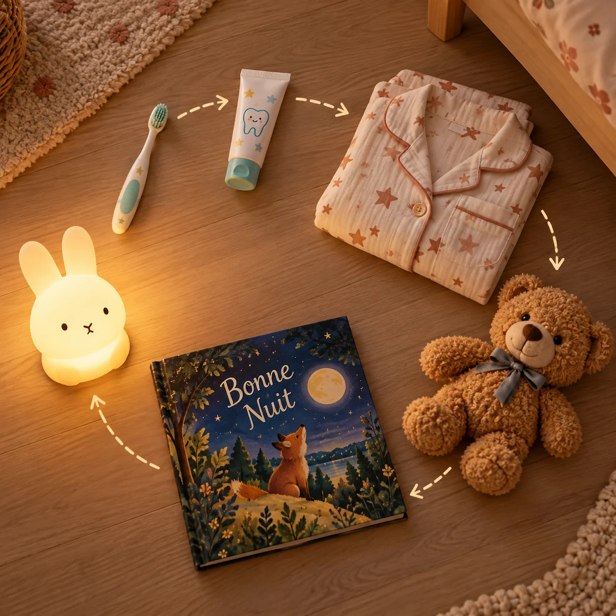 Flat-lay objets rituel coucher enfant : brosse à dents pyjama doudou livre histoire bonne nuit veilleuse