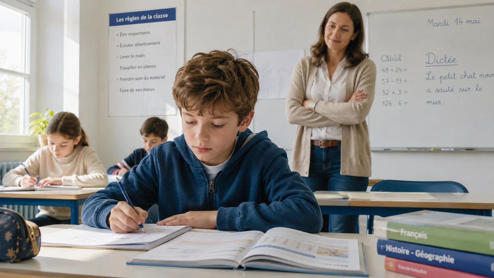Enfant fatigué de 9 ans à son bureau scolaire le matin, tête appuyée sur la main, incapable de se concentrer, avec une enseignante bienveillante en arrière-plan