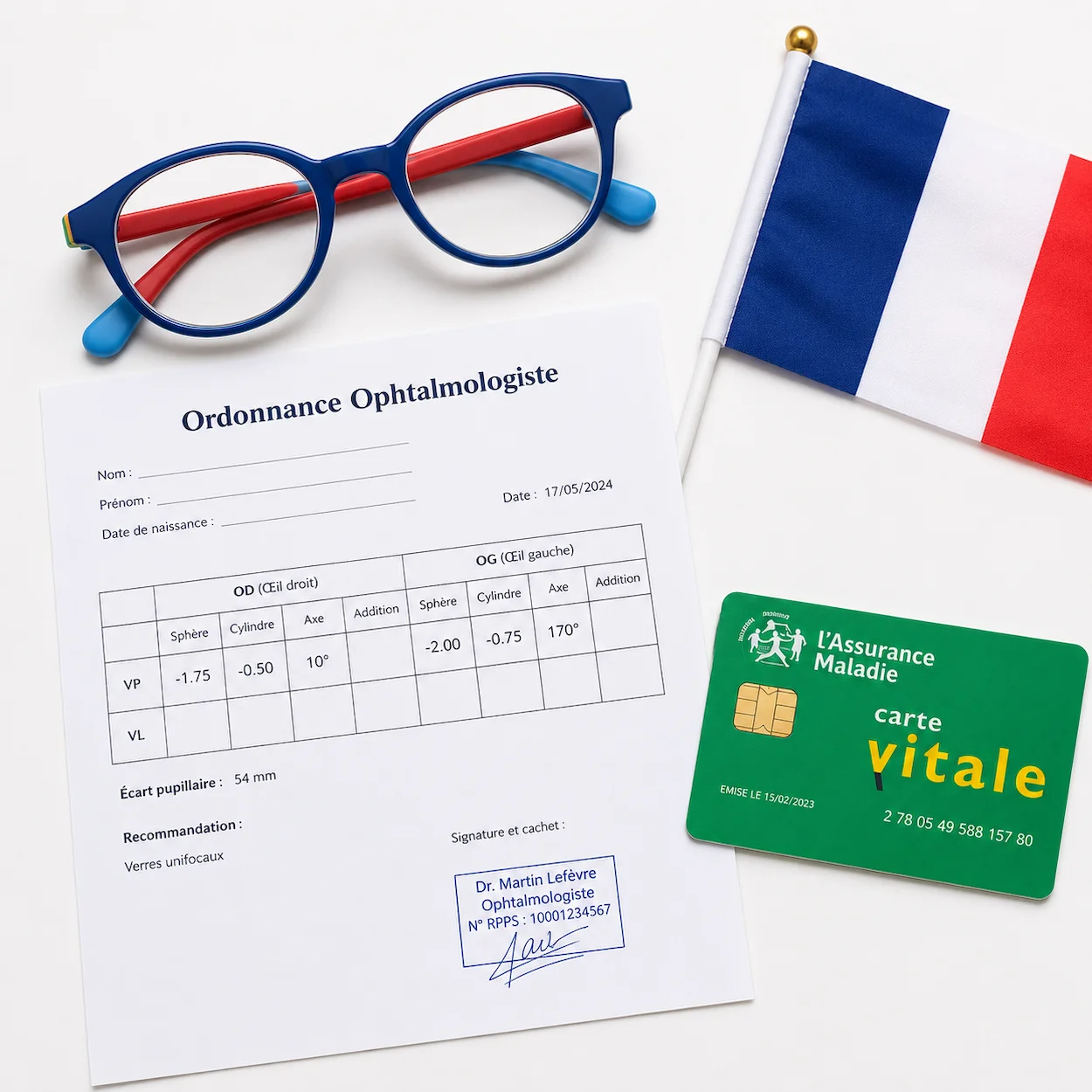 Petites lunettes bleues pour enfant, ordonnance ophtalmologiste en français et carte vitale posées sur fond blanc