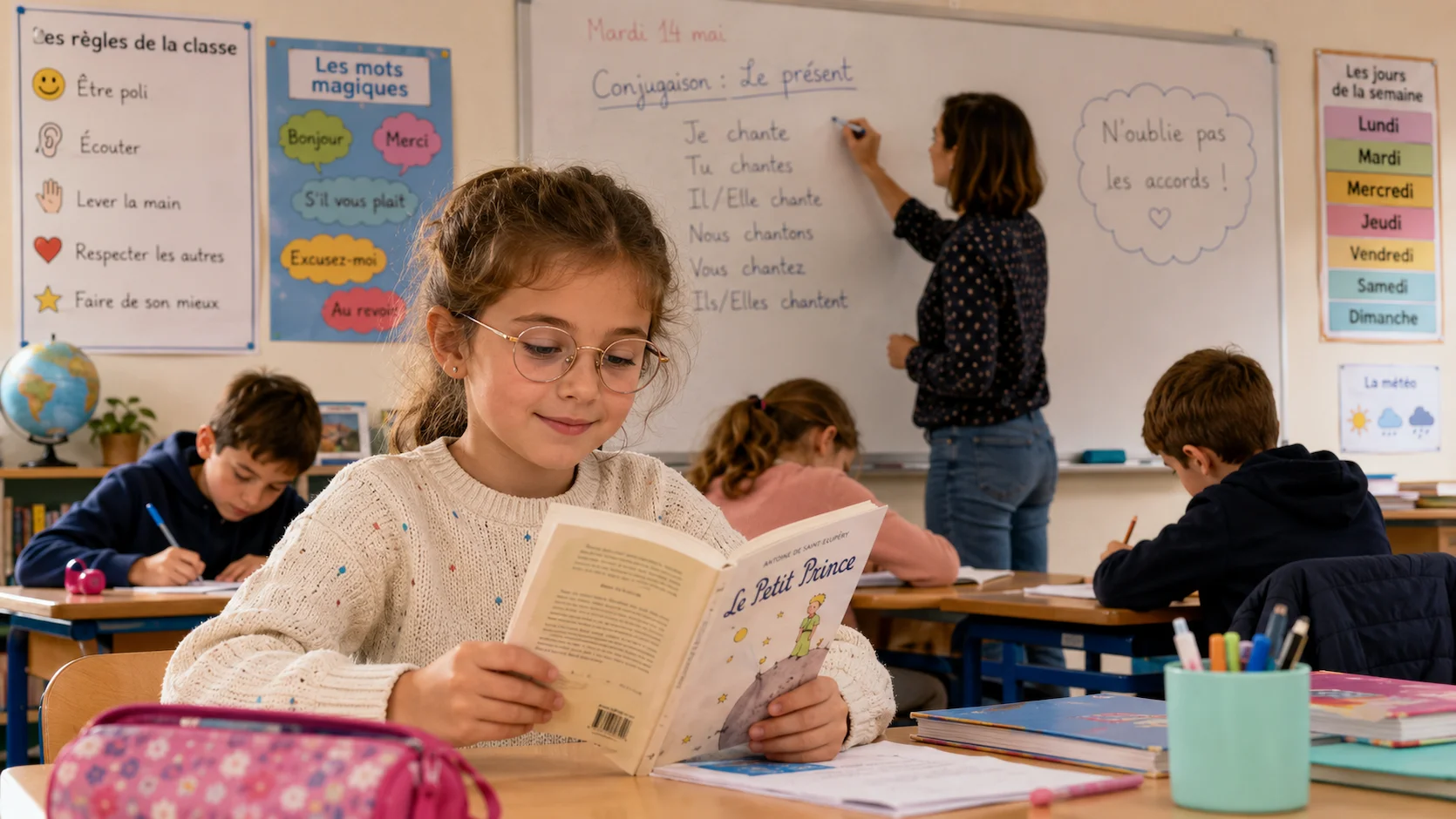Petite fille portant des lunettes rondes concentrée sur sa lecture dans une salle de classe primaire française lumineuse
