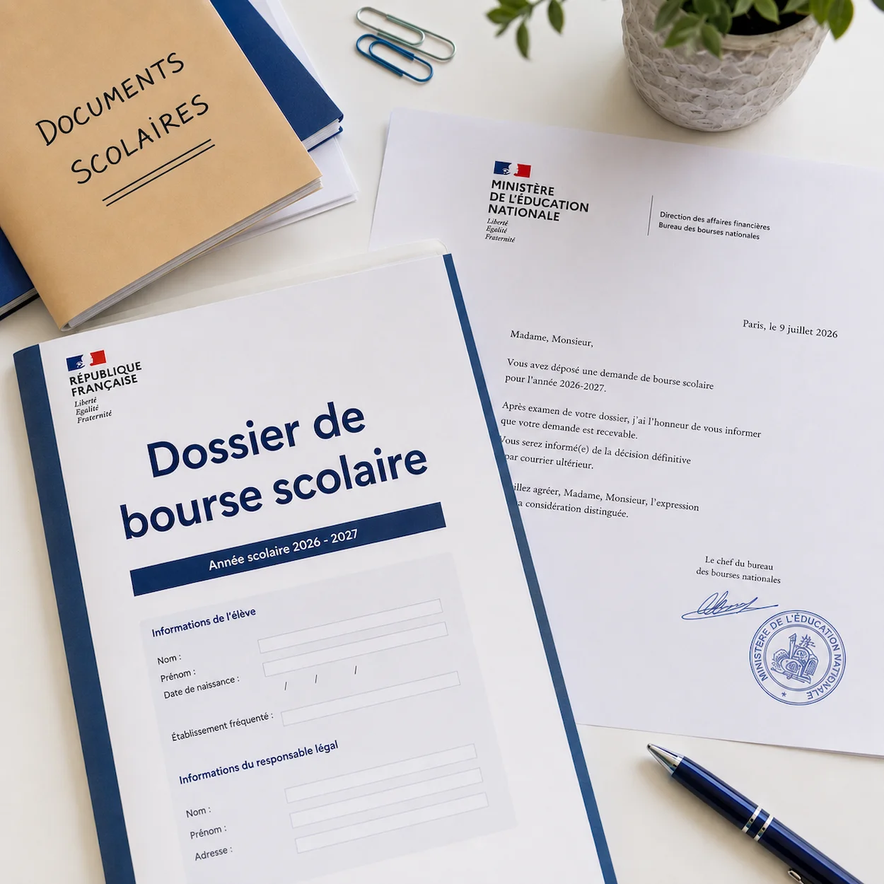 Dossier de bourse scolaire, lettre du Ministère de l'Éducation nationale et documents administratifs sur un bureau