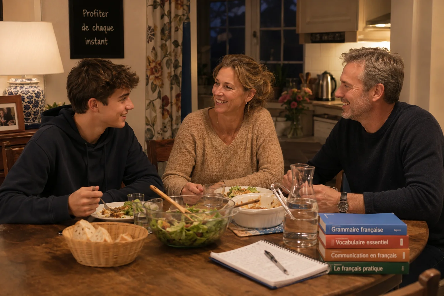 Un adolescent français partage un repas avec sa famille d'accueil britannique dans une maison chaleureuse, en conversant naturellement autour de la table