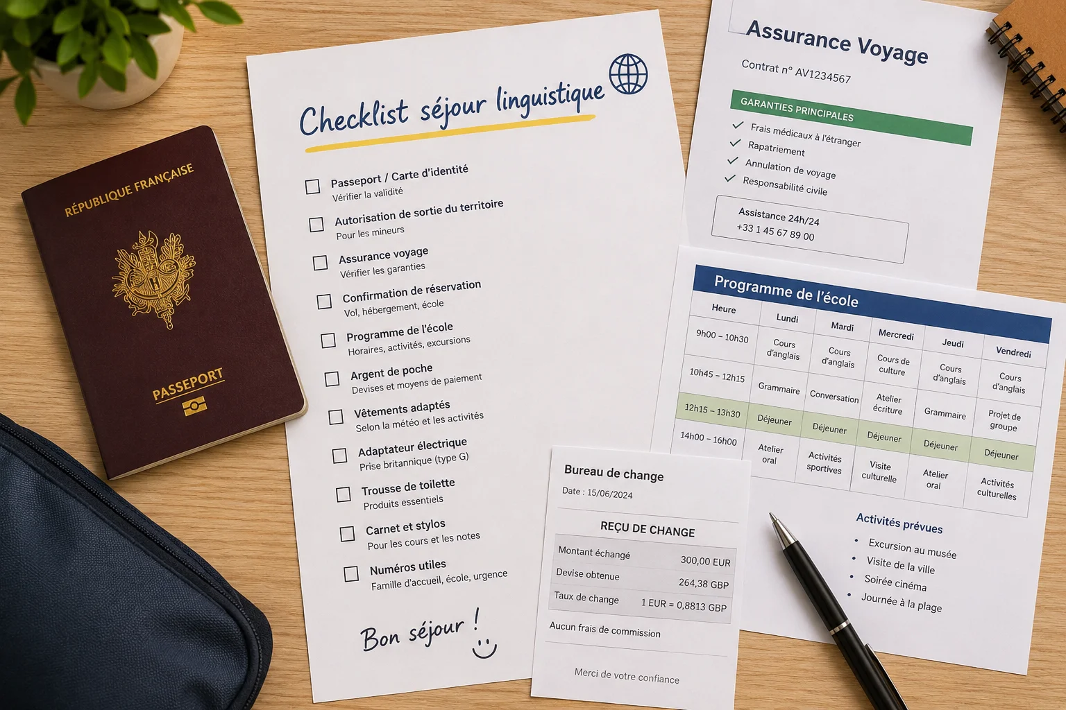 Gros plan sur une checklist de préparation de séjour linguistique posée sur un bureau avec passeport, assurance voyage, programme de cours et stylo