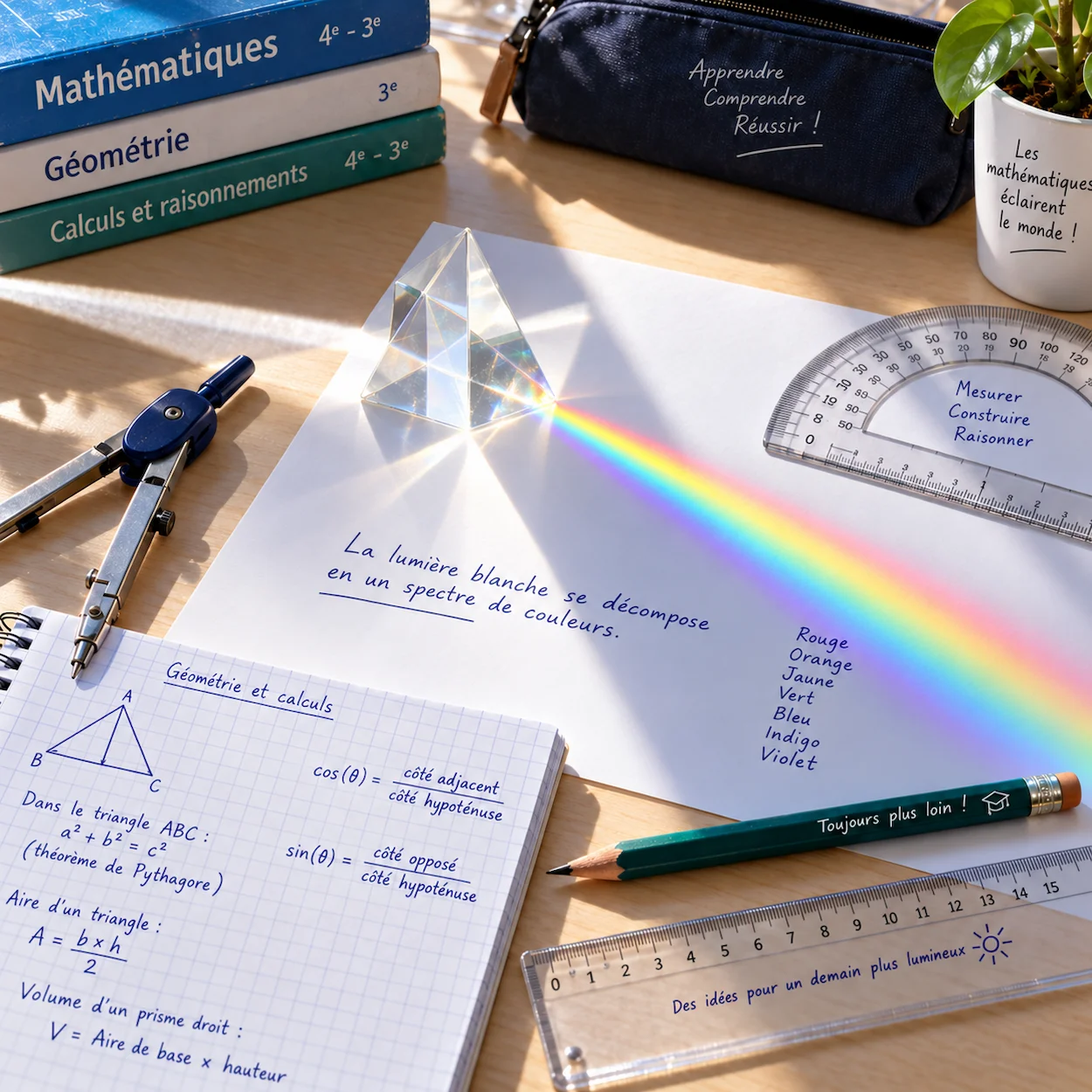 Gros plan sur un prisme en verre créant un arc-en-ciel sur du papier blanc, entouré d'un compas, d'un rapporteur, d'une règle et d'un cahier avec équations mathématiques manuscrites en français