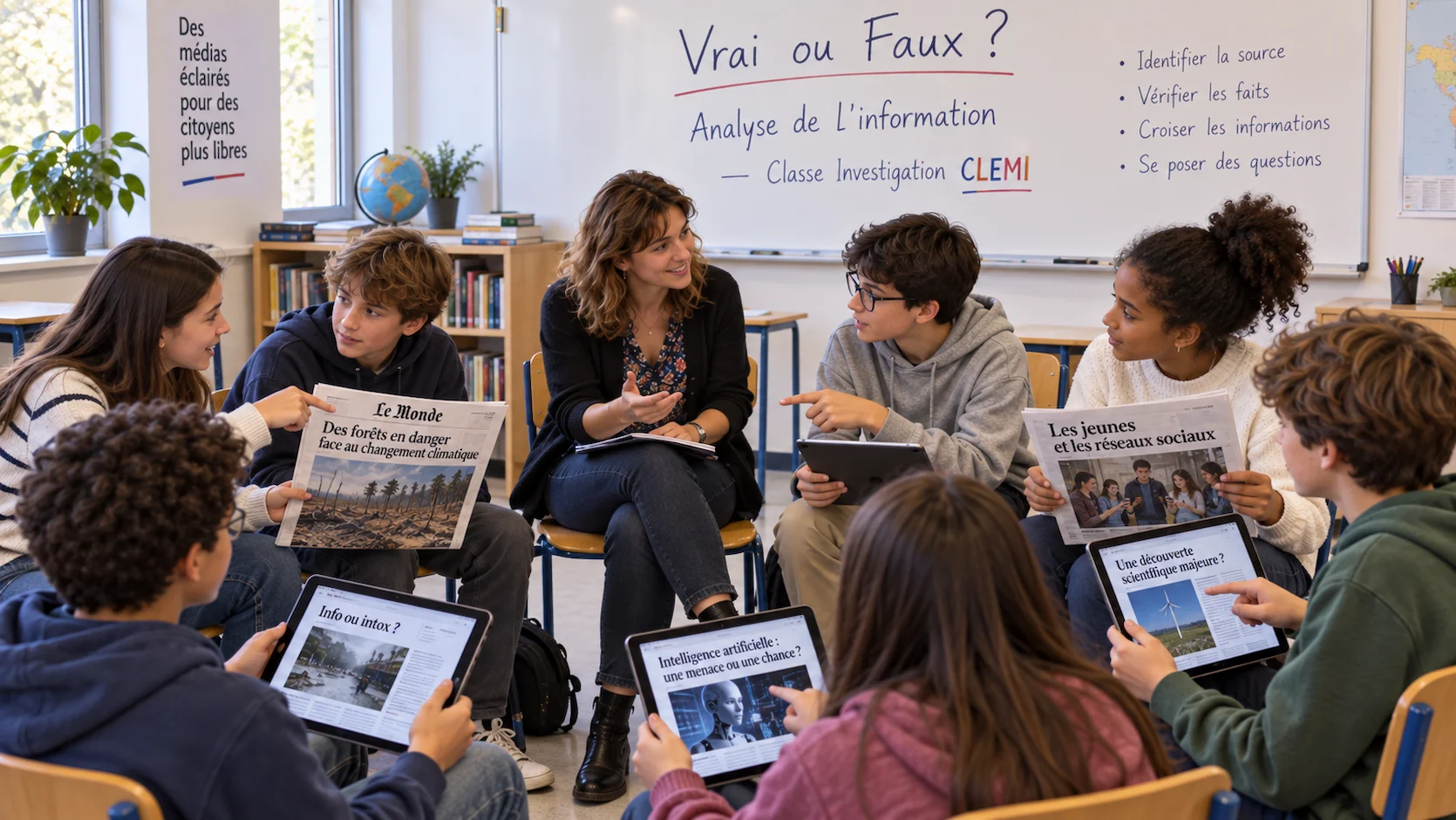Collégiens de 12-14 ans en cercle avec journaux et tablettes, discutant des titres, tableau Vrai ou Faux Analyse de l'information Classe Investigation CLEMI visible en arrière-plan