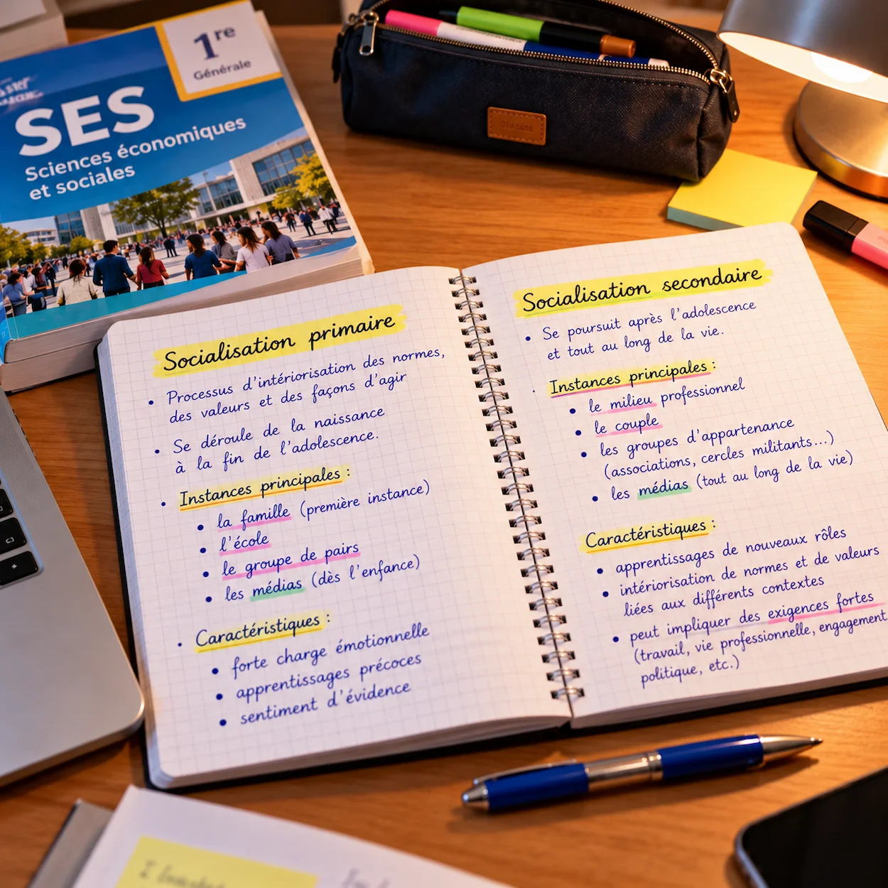 Cahier de cours SES lycée France notes socialisation primaire secondaire instances famille école