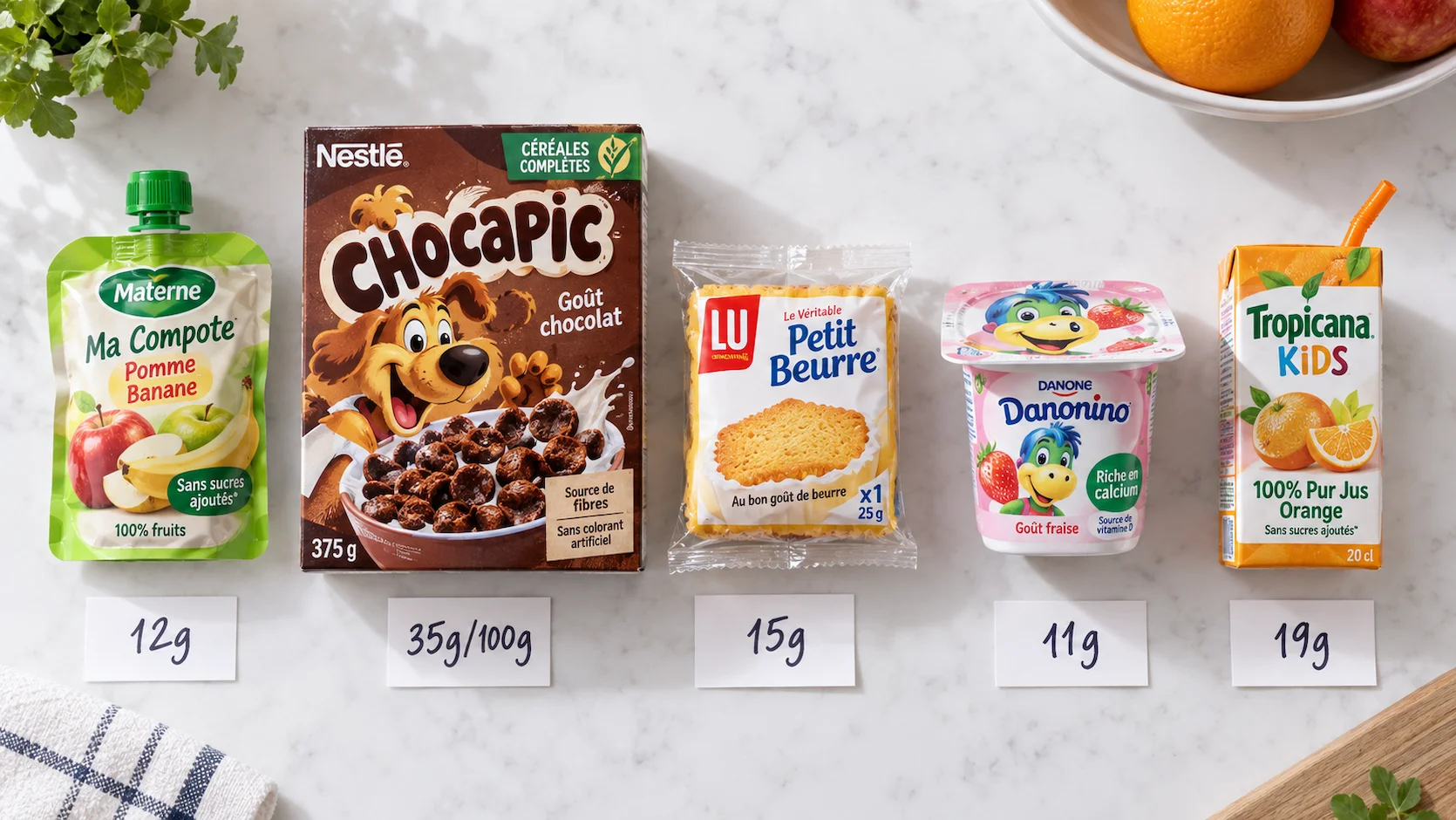 Flat-lay de produits courants pour enfants en France sur plan de travail blanc : gourde de compote, boîte de céréales chocolatées, petit gâteau emballé, yaourt enfant, brique jus de fruits, chaque produit avec une étiquette manuscrite indiquant sa teneur en sucre