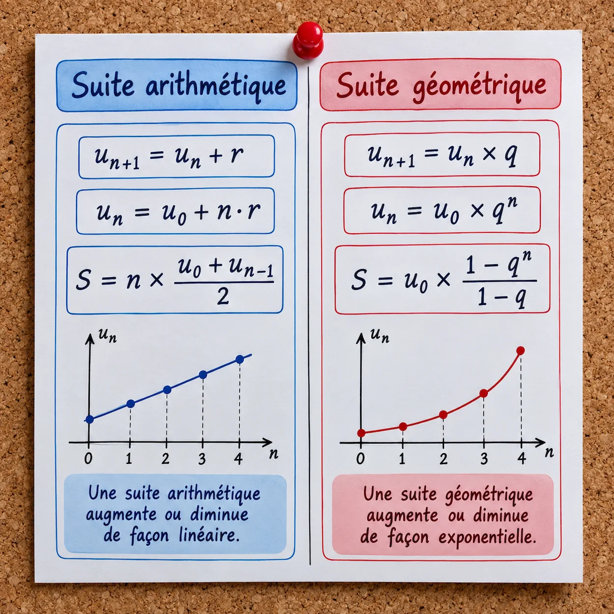 Fiche mémo suites numériques 1ère : deux colonnes, Suite arithmétique en bleu avec formules u_{n+1}=u_n+r, u_n=u_0+nr et graphe linéaire, et Suite géométrique en rouge avec formules u_{n+1}=u_n×q, u_n=u_0×q^n et courbe exponentielle