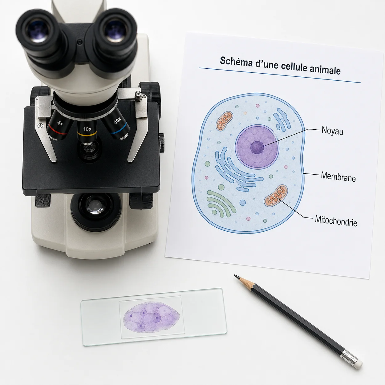 Microscope, lame préparée et schéma cellulaire légendé en français sur une paillasse de laboratoire de SVT