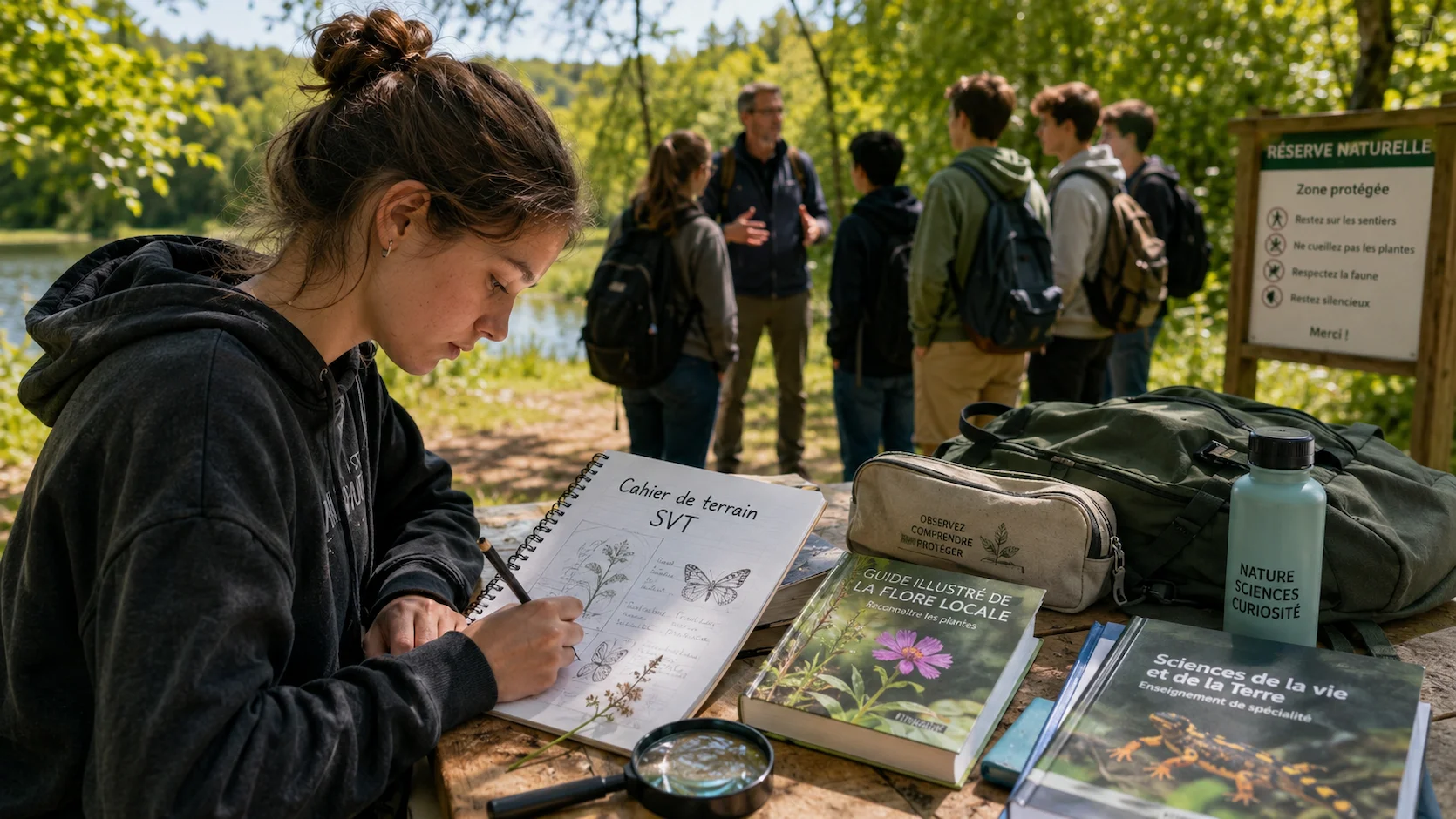 Lycéenne en terrain naturel prenant des notes dans un cahier de terrain SVT avec loupe et guide botanique