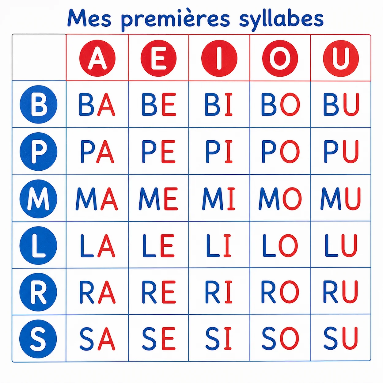 Tableau des syllabes simples consonne plus voyelle en français : grille 5 colonnes (A, E, I, O, U) et 6 rangées de consonnes (B, P, M, L, R, S) avec toutes les combinaisons CV