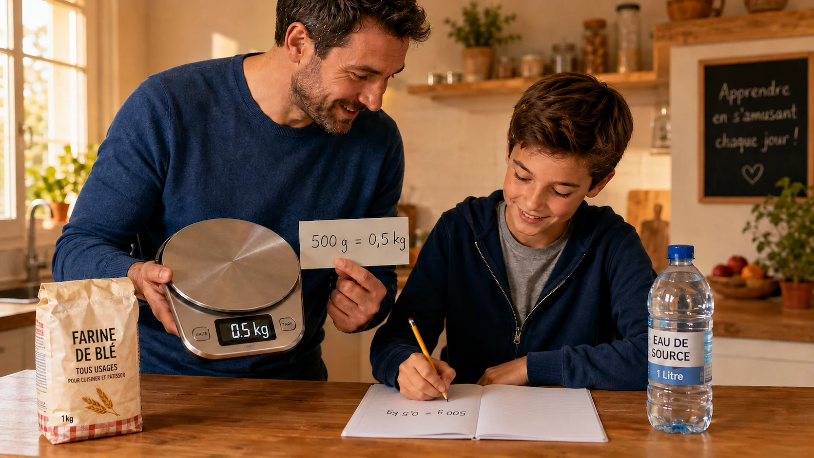 Pere et fils dans la cuisine avec une balance numerique affichant 500 g, le pere montre une carte ecrite 500 g = 0,5 kg et le fils note dans son cahier