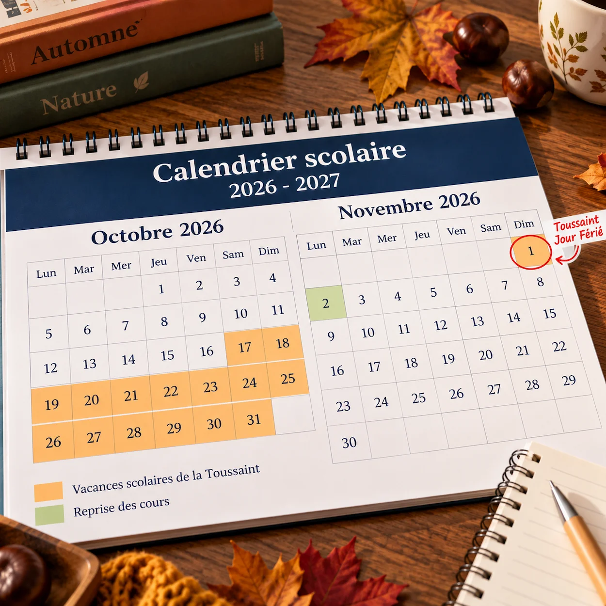 Calendrier scolaire officiel octobre novembre Toussaint jour férié vacances zones A B C