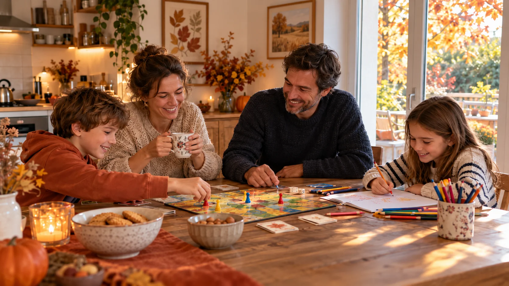 Famille française profite vacances Toussaint activités maison automne enfants