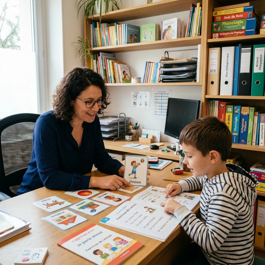 Orthophoniste en séance avec un enfant de 8 ans sur des exercices de lecture