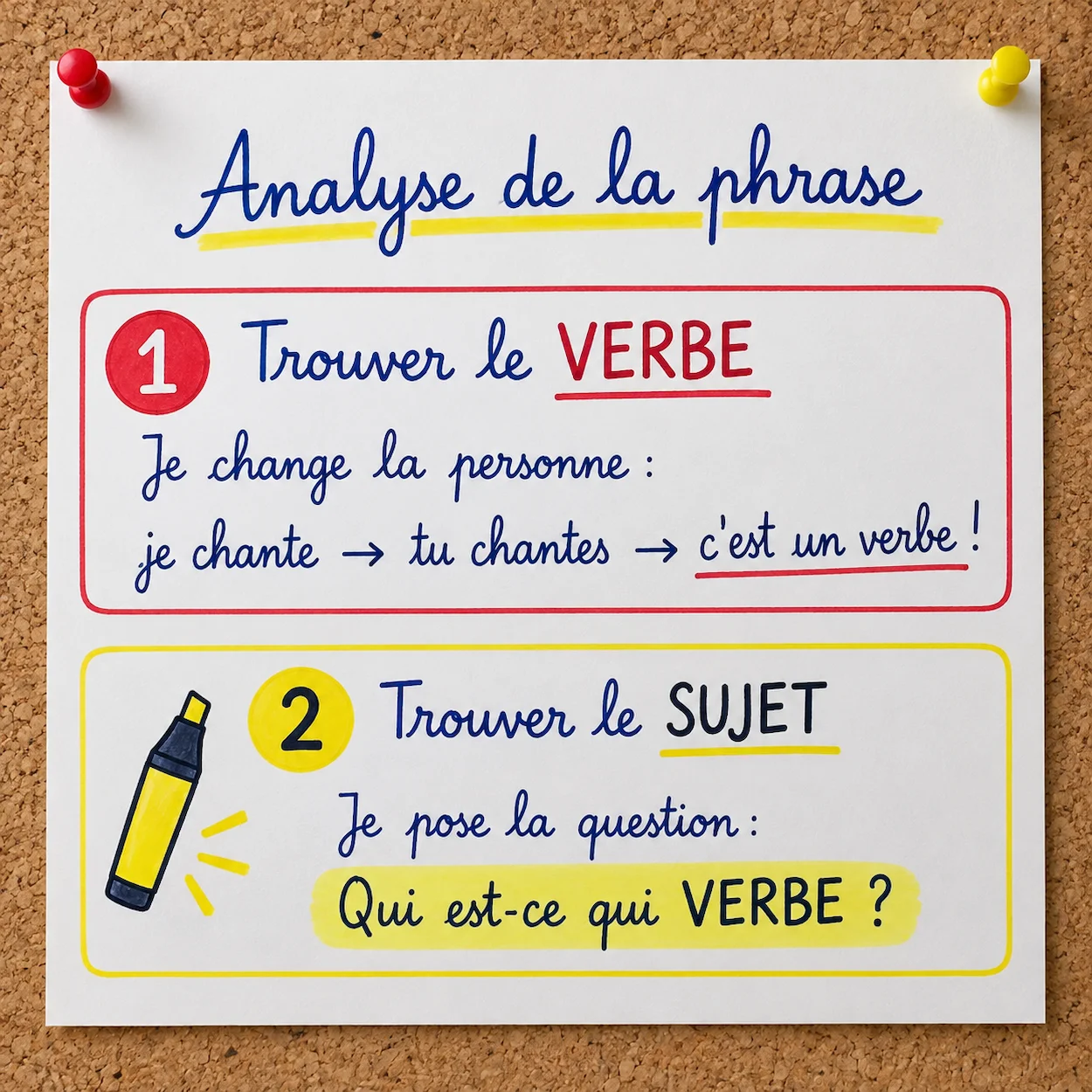 Affiche mémo grammaire CE2 CM1 : deux étapes encadrées — Étape 1 Trouver le verbe (cercle rouge, test de conjugaison) et Étape 2 Trouver le sujet (surlignage jaune, question Qui est-ce qui)