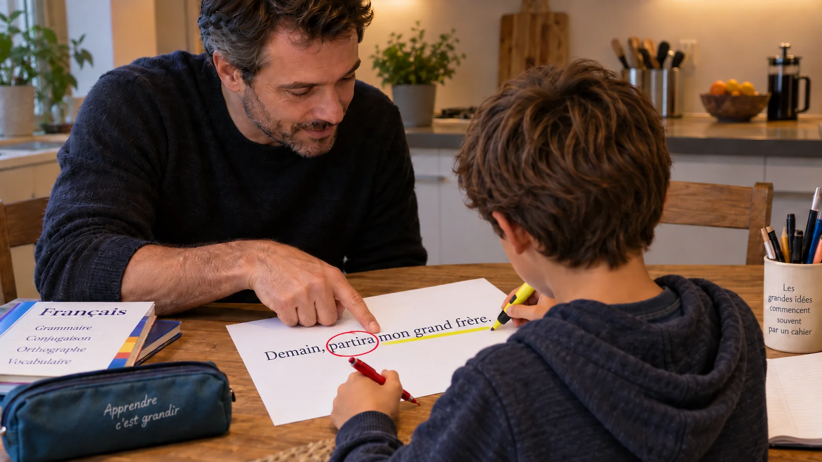 Père et fils de 9 ans à la table de la cuisine analysant la phrase Demain partira mon grand frère, le père guide son fils qui surligne le sujet en jaune et entoure le verbe en rouge