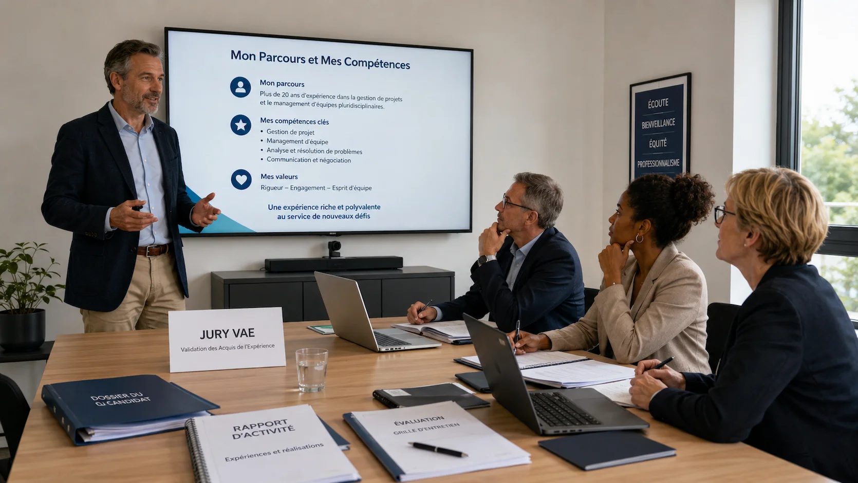 Candidat à la VAE présentant ses compétences devant un jury de trois professionnels dans une salle de réunion moderne