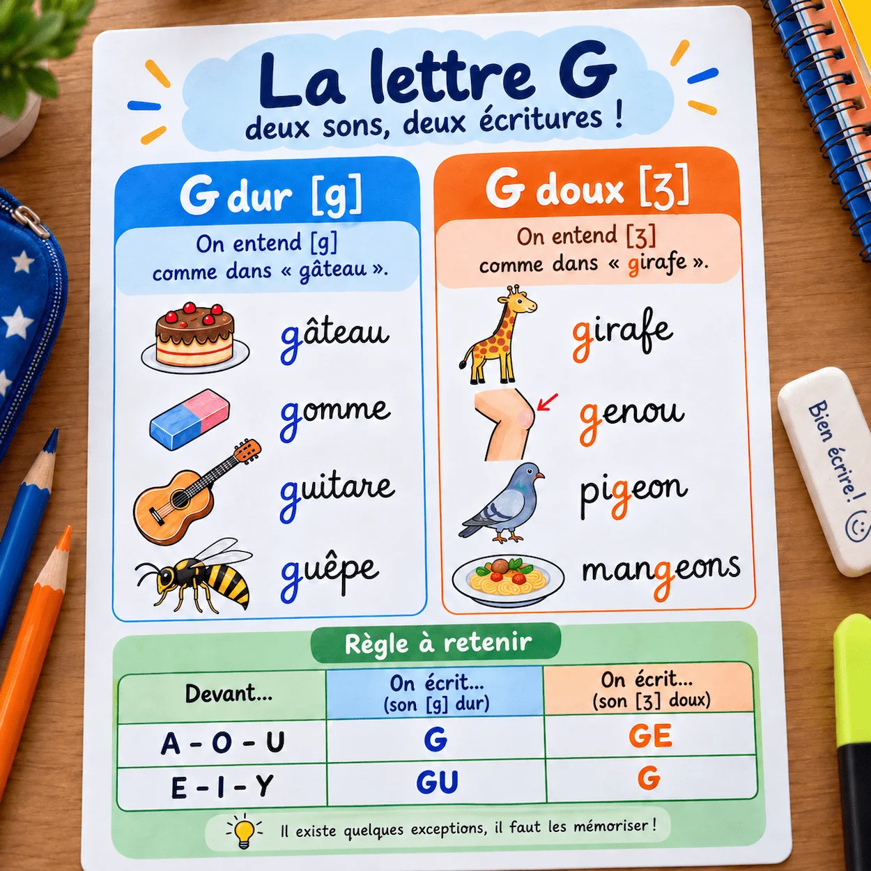 Fiche mémo lettre G dur et doux : tableau comparatif GU devant E-I pour son g et GE devant A-O pour son j, avec exemples en français