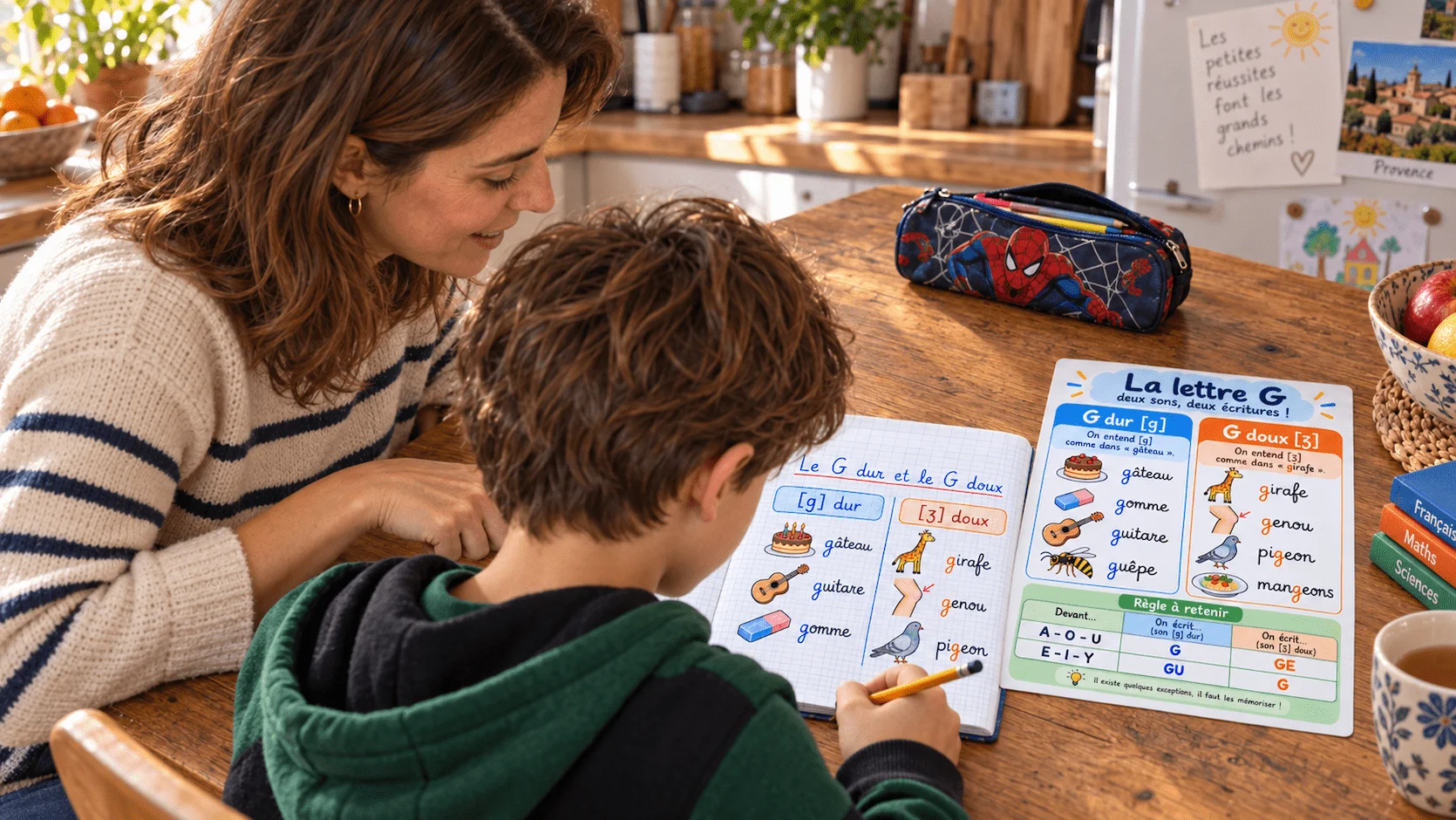 Mère expliquant la règle du G dur et doux à son fils de 9 ans devant un cahier d'exercices français, lumière naturelle