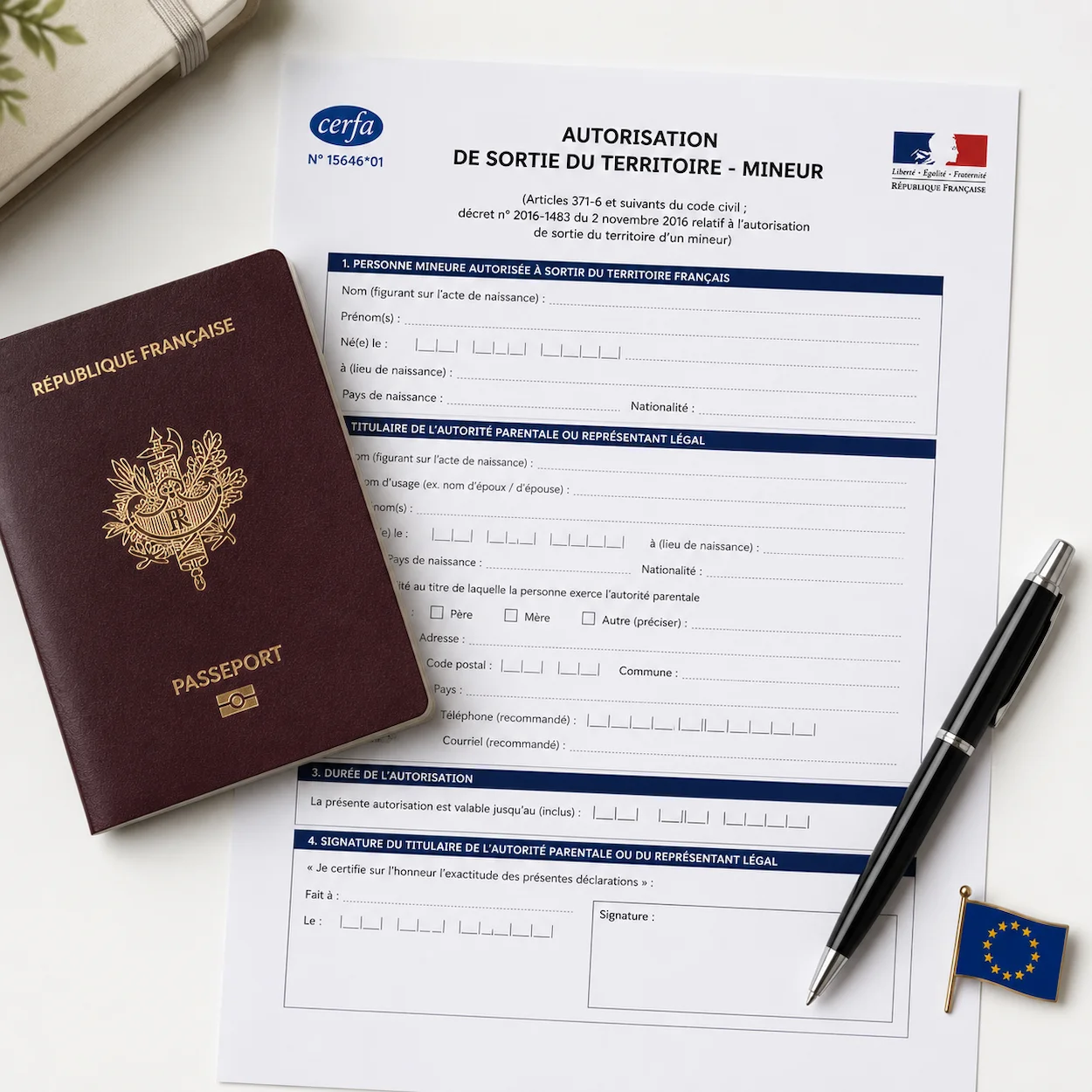 Passeport français, formulaire cerfa d autorisation de sortie du territoire pour mineur et stylo posés sur un bureau blanc