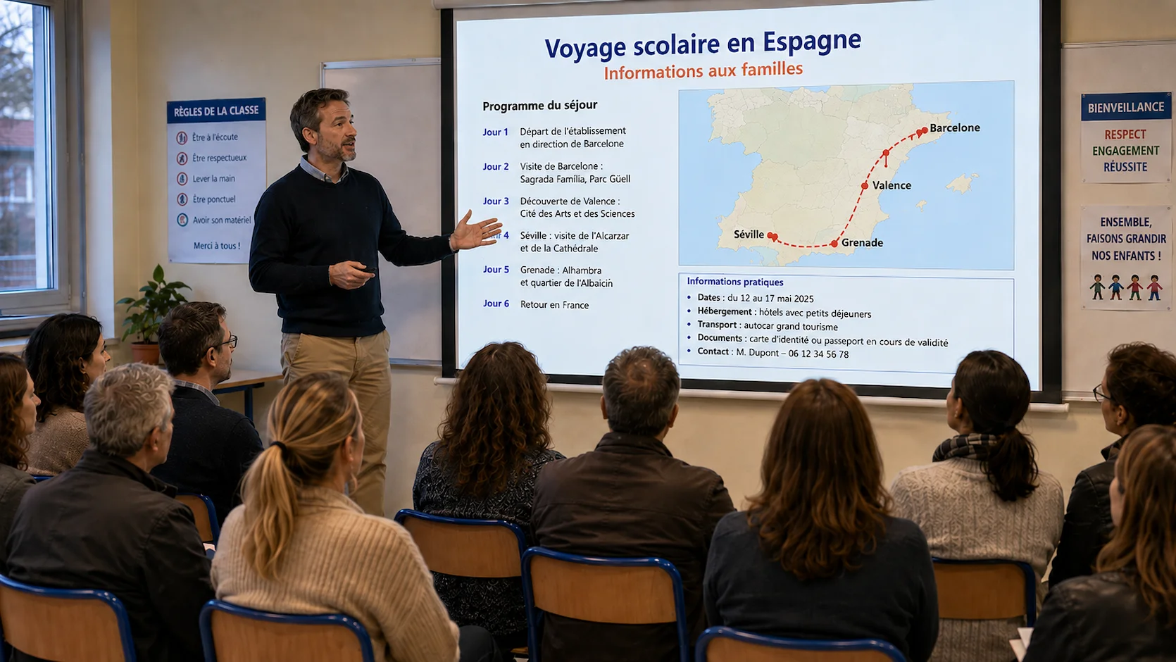 Professeur présentant les informations d un voyage scolaire en Espagne à des parents réunis dans une salle de classe