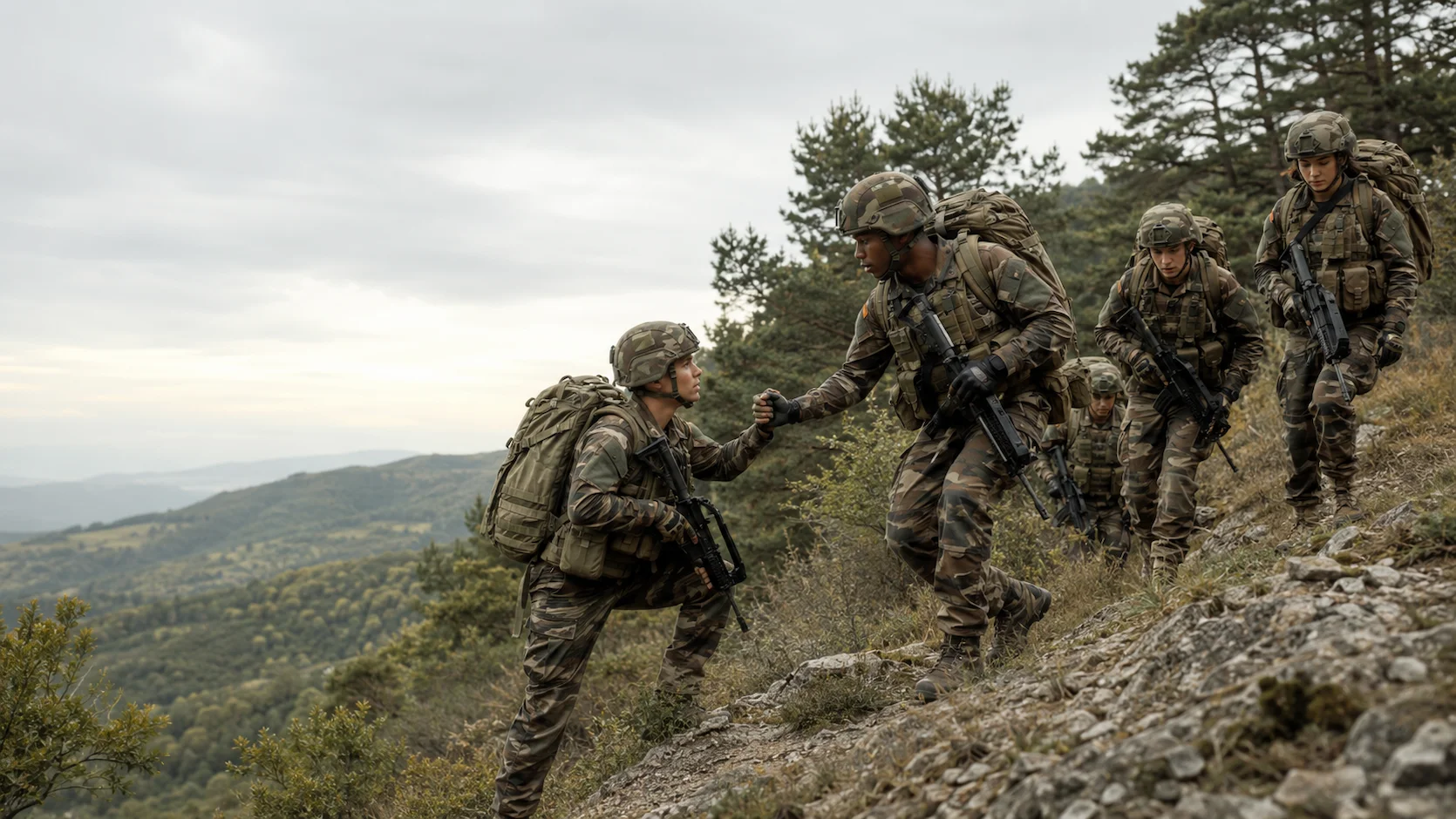 Test orientation armée de Terre : soldats français en exercice en terrain forestier avec équipement militaire